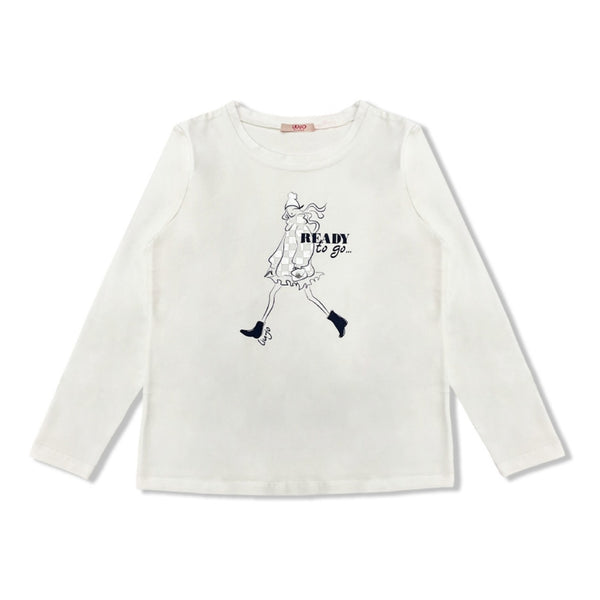Girls White Printed Full Sleeves T-Shirt