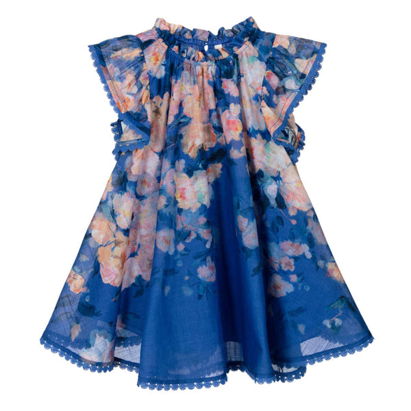 Girls Blue Cotton Floral Dress