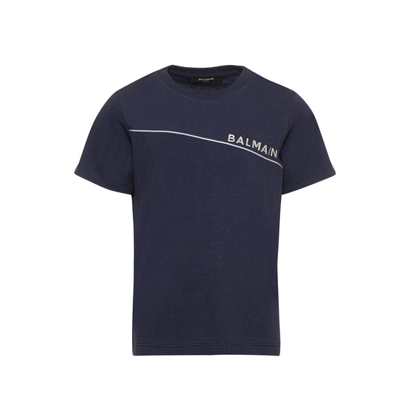 Boys Navy Blue Logo Print Half Sleeves T-Shirt
