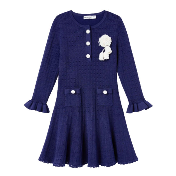 Girls Blue Cotton & Wool Knit Dress