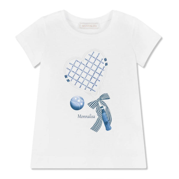 Girls White Cotton Tennis Racquet T-Shirt