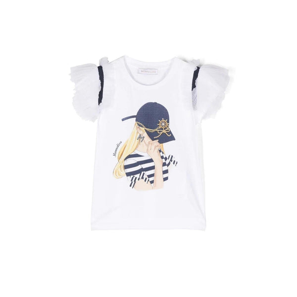 Girls White Graphic Print Tulle Sleeve T-Shirt