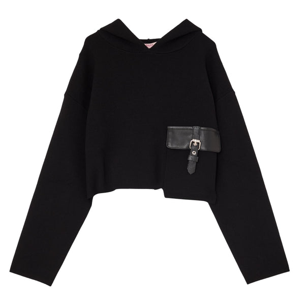 Girls Black Mock-Neck Pocket-Detail Hoodies