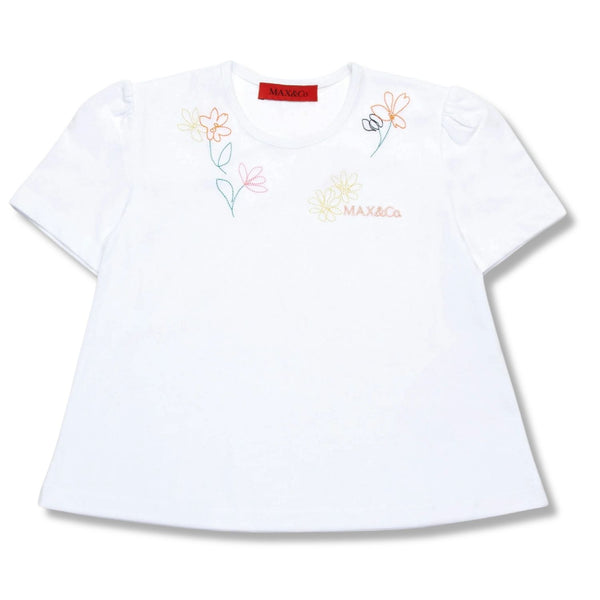 Girls White T-Shirt With Floral Embroidery