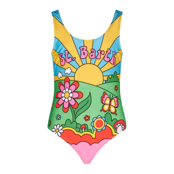 Girl One Piece Swimsuit With Multicolor Landscape Print
