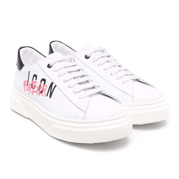 Boys White Crisp White Low‑Top Icon Print Sneakers