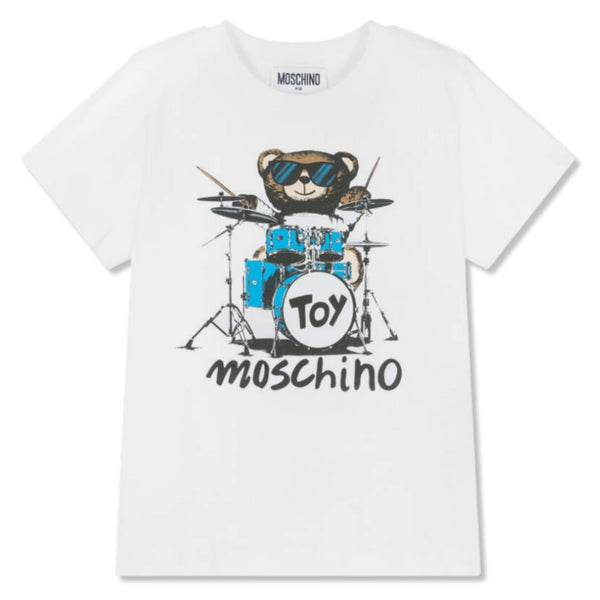 Unisex White Drummer Bear Cotton T-Shirt