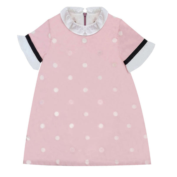 Pink A-Line Dress with White Polka Dots & Frilled Sleeves and Neck