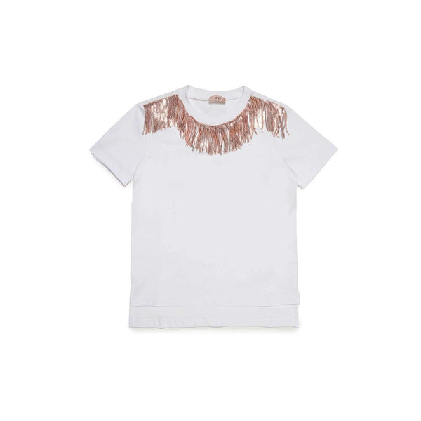 Girls White Sequined Fringed T-shirt