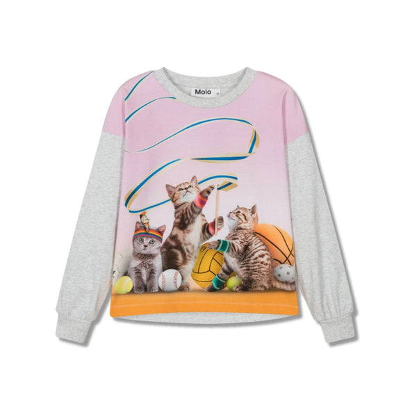 Girls Grey & Pink Cotton Cat-Print T-Shirt