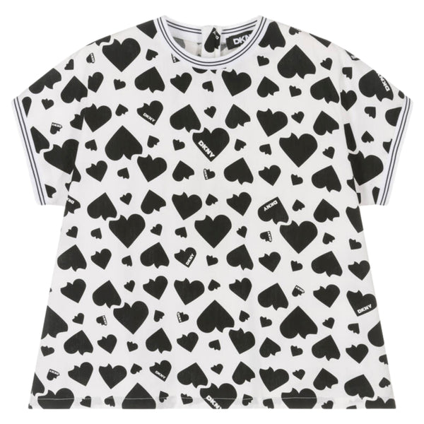 Girls White & Black Cotton Heart Top