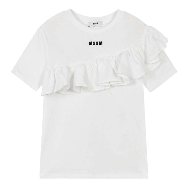 Girls White Cotton Ruffle T-Shirt