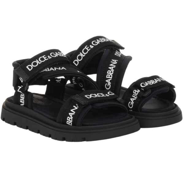 Unisex Black Logo Print Velcro Sandals
