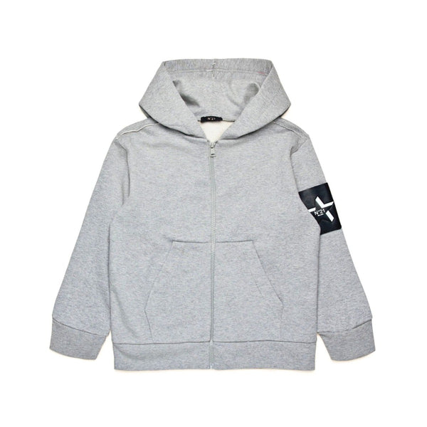 Boys Grey Logo-Sleeves Zip-Up Hoodie