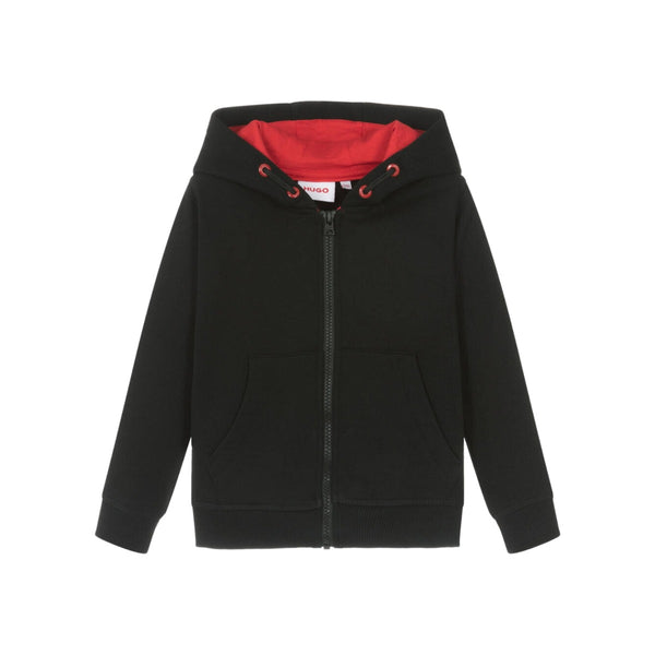Boys Black Cotton Zip-Up Hoodie