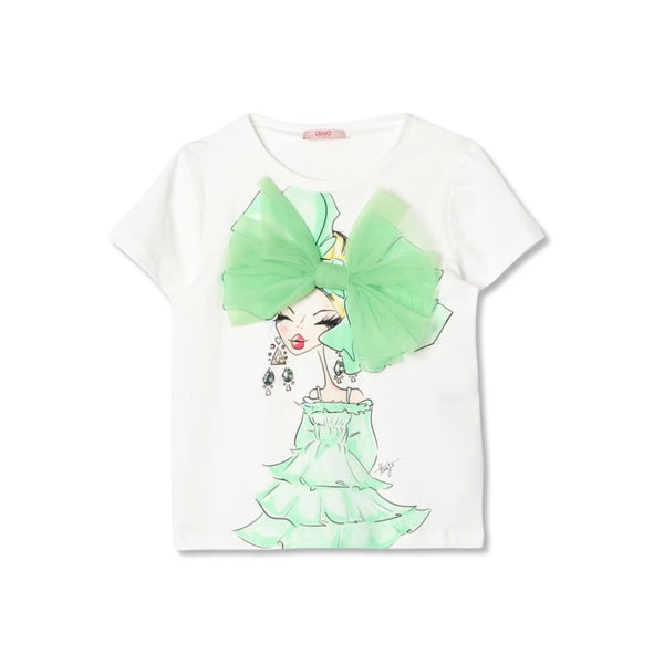 Girls White Bow-Patch Printed T-Shirt