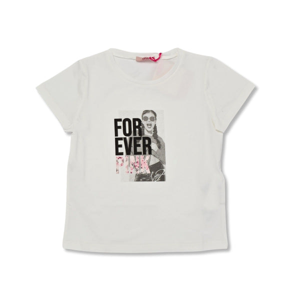 Girls White Printed T-Shirt With Rhinestones