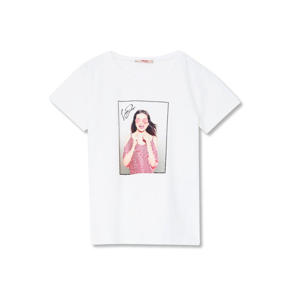 Girls White Printed T-Shirt With Rhinestones