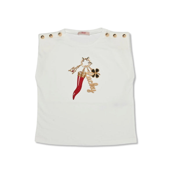 Girls White Sleeveless T-Shirt With Rhinestones