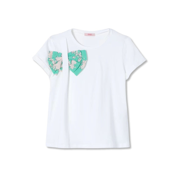 Girls White Bow-Patch Cotton T-Shirt