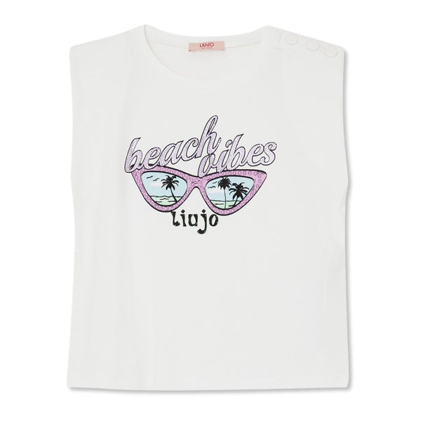Girls White Shoulder Button T-Shirt