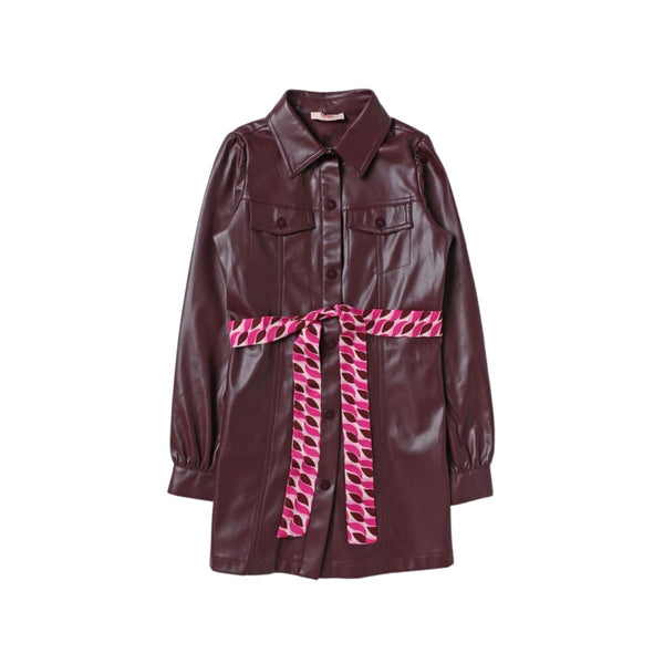 Girls Brown Faux Leather Dress With Belt Bordeaux