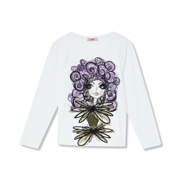 Girls White Printed Rhinestones Cotton T-Shirt