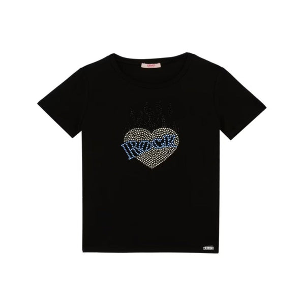 Girls Black Rhinestones-Heart Cotton T-Shirt