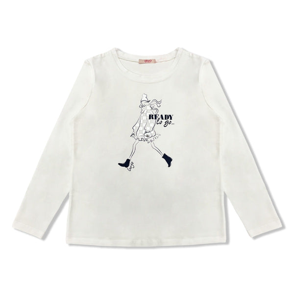 Girls White Printed Full Sleeves T-Shirt