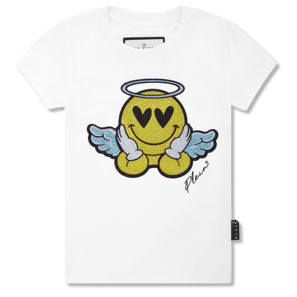 Unisex White Smiley-Squins Cotton T-Shirt