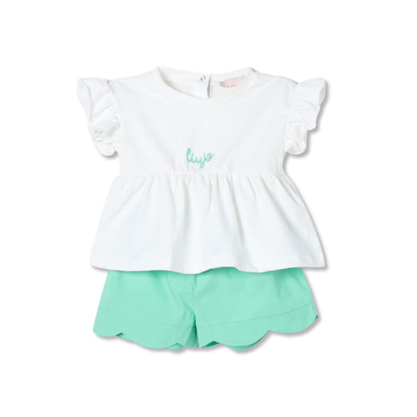 Baby Girls White & Green Cotton Shorts Set