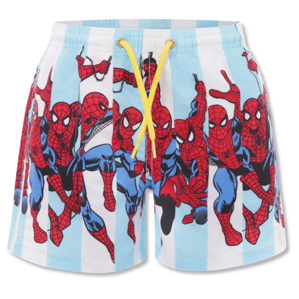 Boys Blue Spriderman-Print Swim Shorts