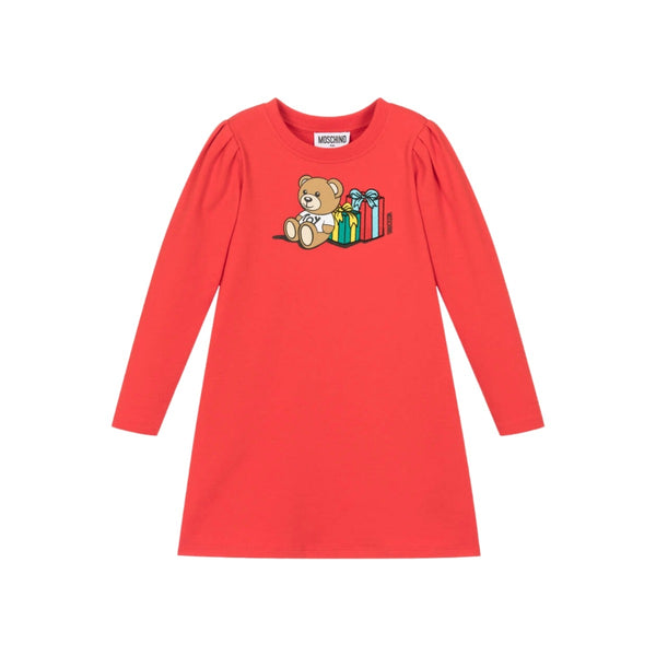 Girls Red Cotton Teddy Bear Dress