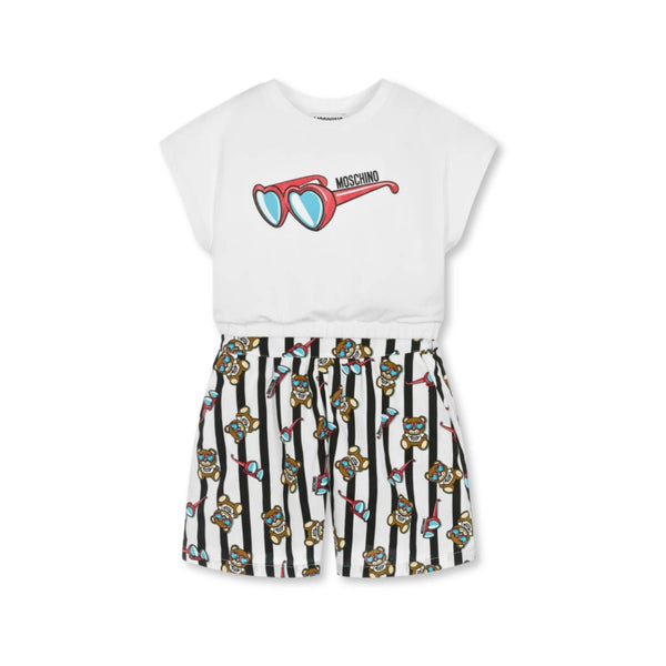 Girls White Bear Stripe Shorts Set