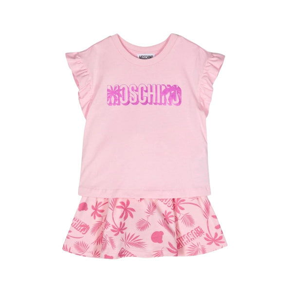 Girls Pink Logo-Print Cotton Skirt Set