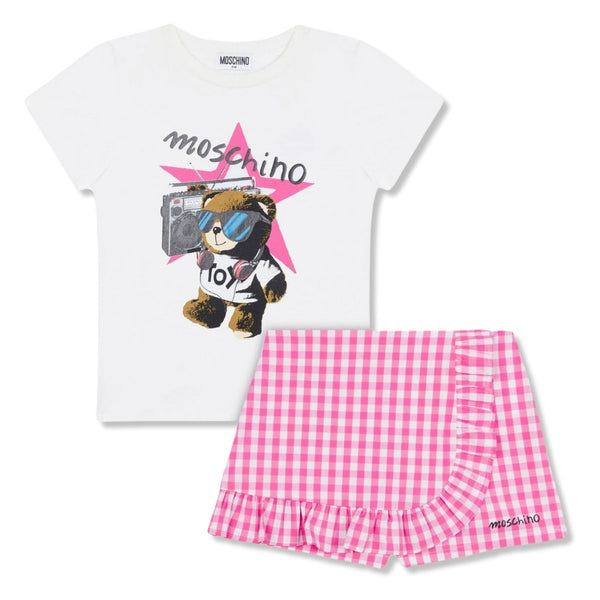 Girls White & Pink Teddy Shorts Set