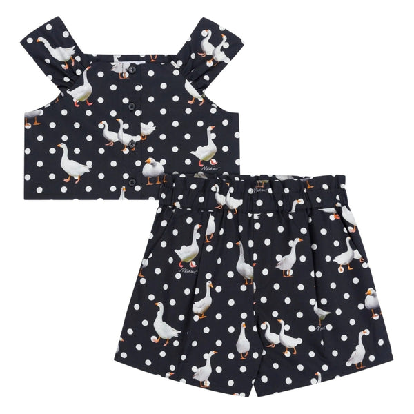 Girls Black Goose-Print Top & Shorts Set