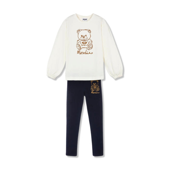 Girls Ivory & Blue Cotton Teddy Bear Leggings Set