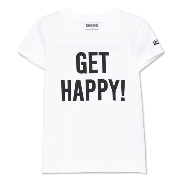 Unisex White Get Happy Print Cotton T-Shirt