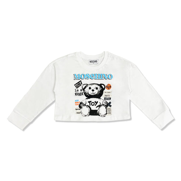 Girls White Teddy Bear-Print Crop T-Shirt