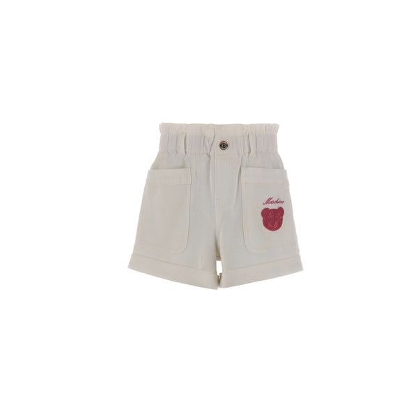 Girls White Teddy Bear Ruched Shorts