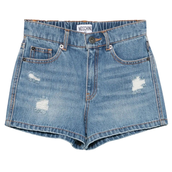 Girls Denim Blue Teddy Bear-Patch Shorts