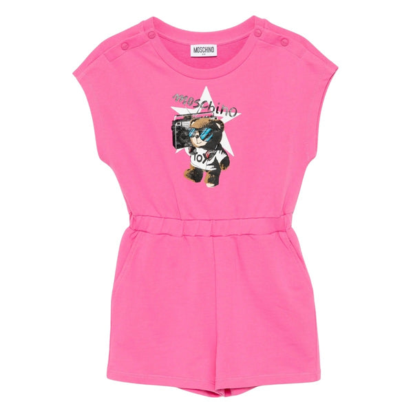 Girls Pink Teddy-Print Playsuit
