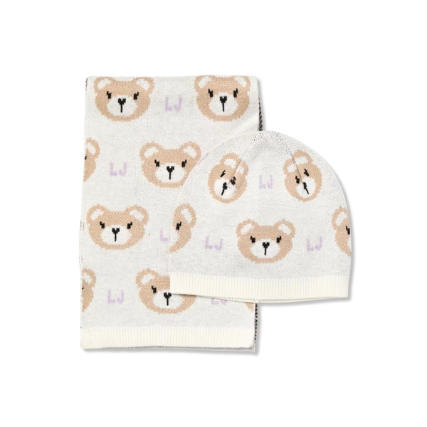 Baby Girls Cream Bear-Motif Beanie Hat Set