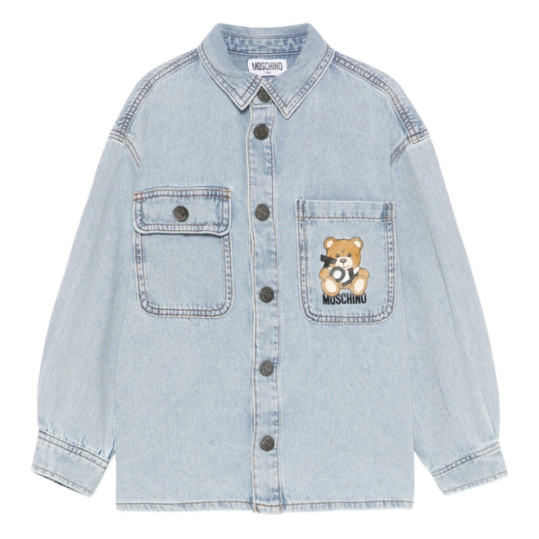 Boys Denim Blue Teddy Bear-Print Shirt