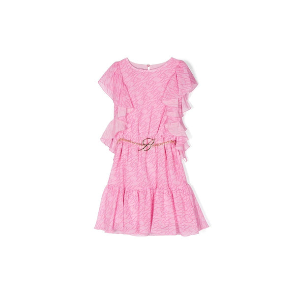 Girls Pink Logo Belt Ruffle Details Dress