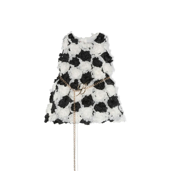 Girls White & Black Belted Waist Dress
