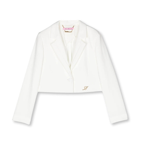 Girls White Logo-Plaque Crepe Blazer