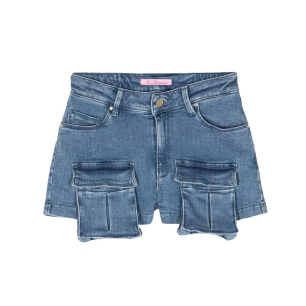 Girls Denim Blue Mid-Rise Denim Cargo Shorts
