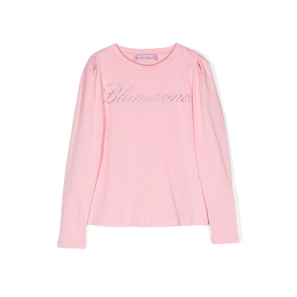Girls Pink Rhinestone-Logo Stretch-Cotton T-shirt